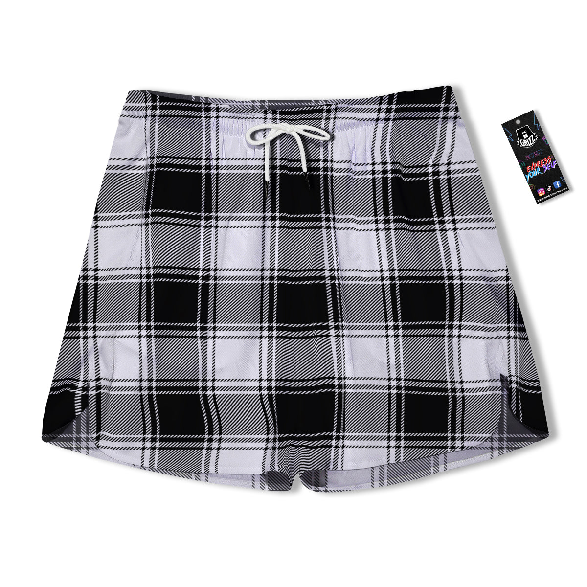 Border Tartan White And Black Print Pattern Men's Running Shorts-grizzshop