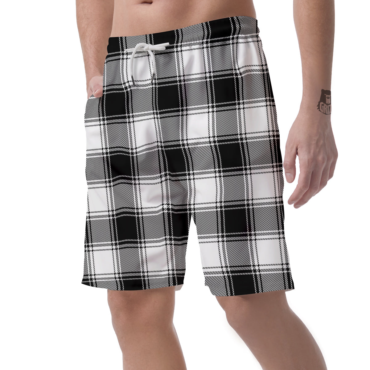 Border Tartan White And Black Print Pattern Men's Shorts-grizzshop