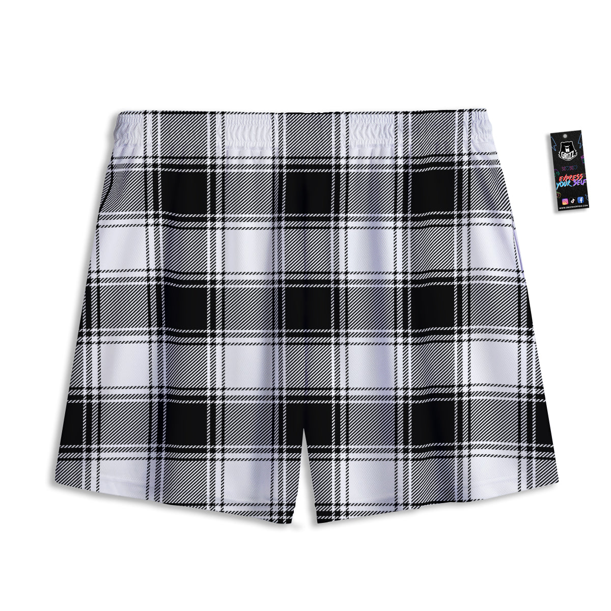 Border Tartan White And Black Print Pattern Mesh Shorts