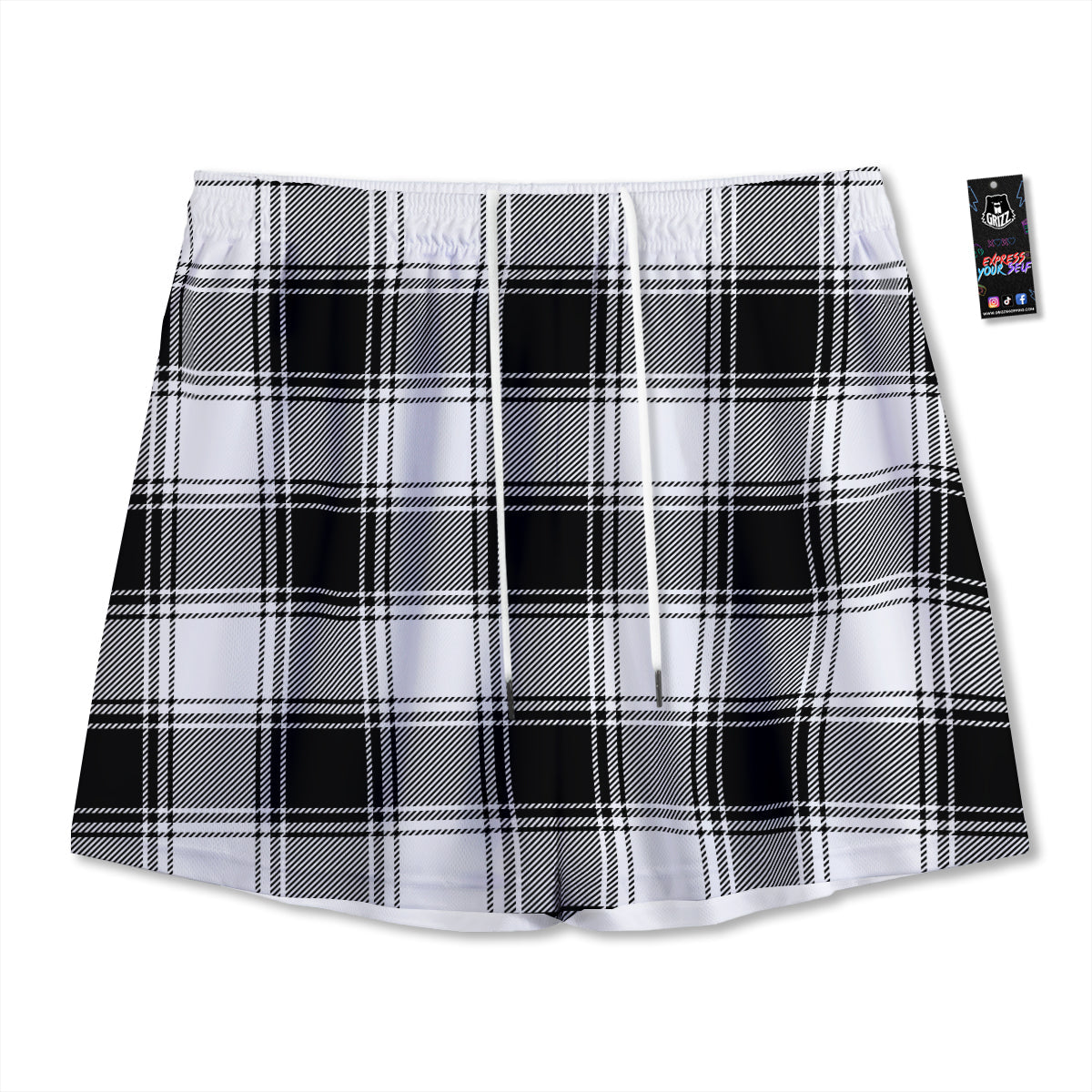 Border Tartan White And Black Print Pattern Mesh Shorts