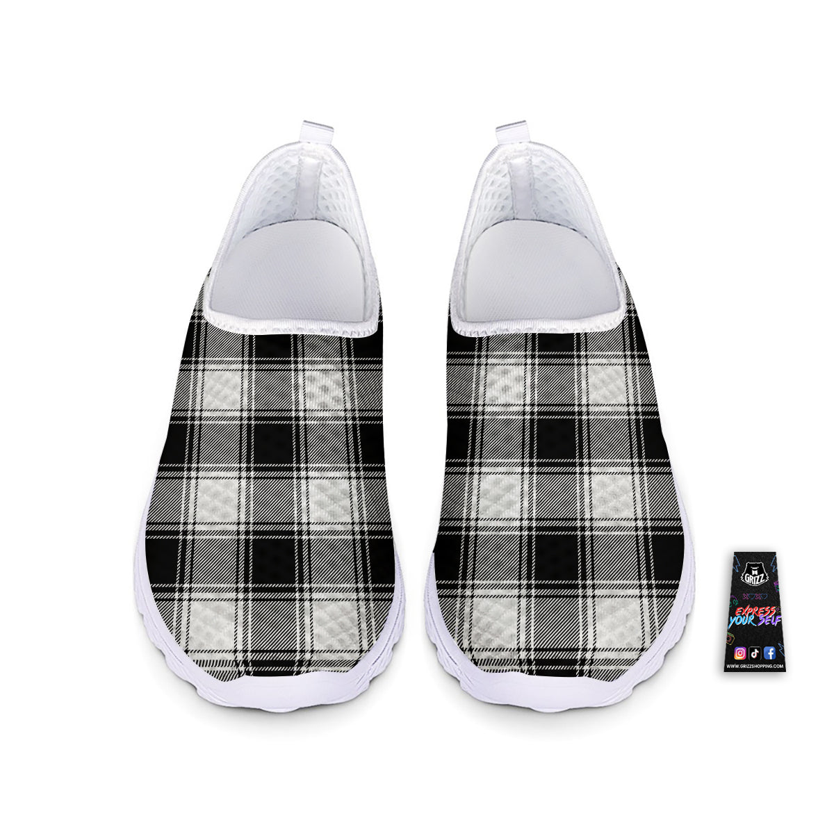 Border Tartan White And Black Print Pattern Nurse Shoes-grizzshop