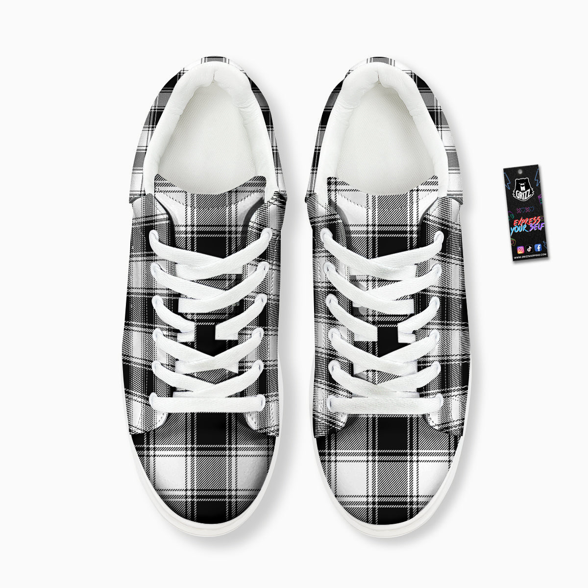 Border Tartan White And Black Print Pattern Platform Shoes-grizzshop