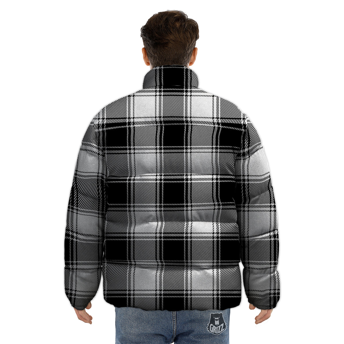 Border Tartan White And Black Print Pattern Puffer Jacket-grizzshop