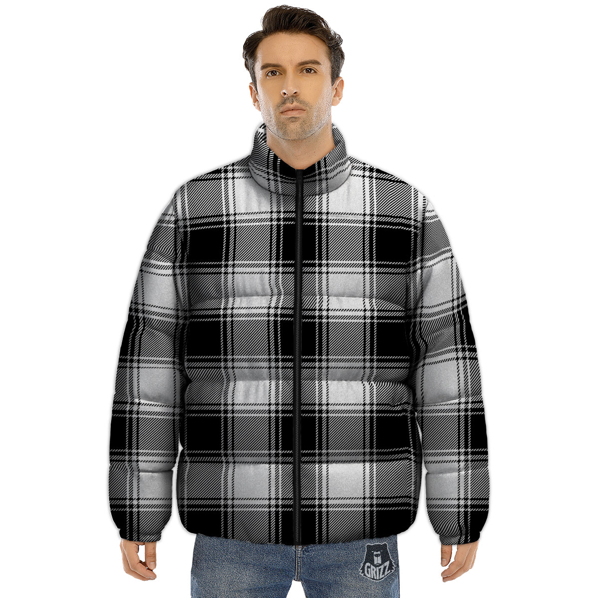 Border Tartan White And Black Print Pattern Puffer Jacket-grizzshop