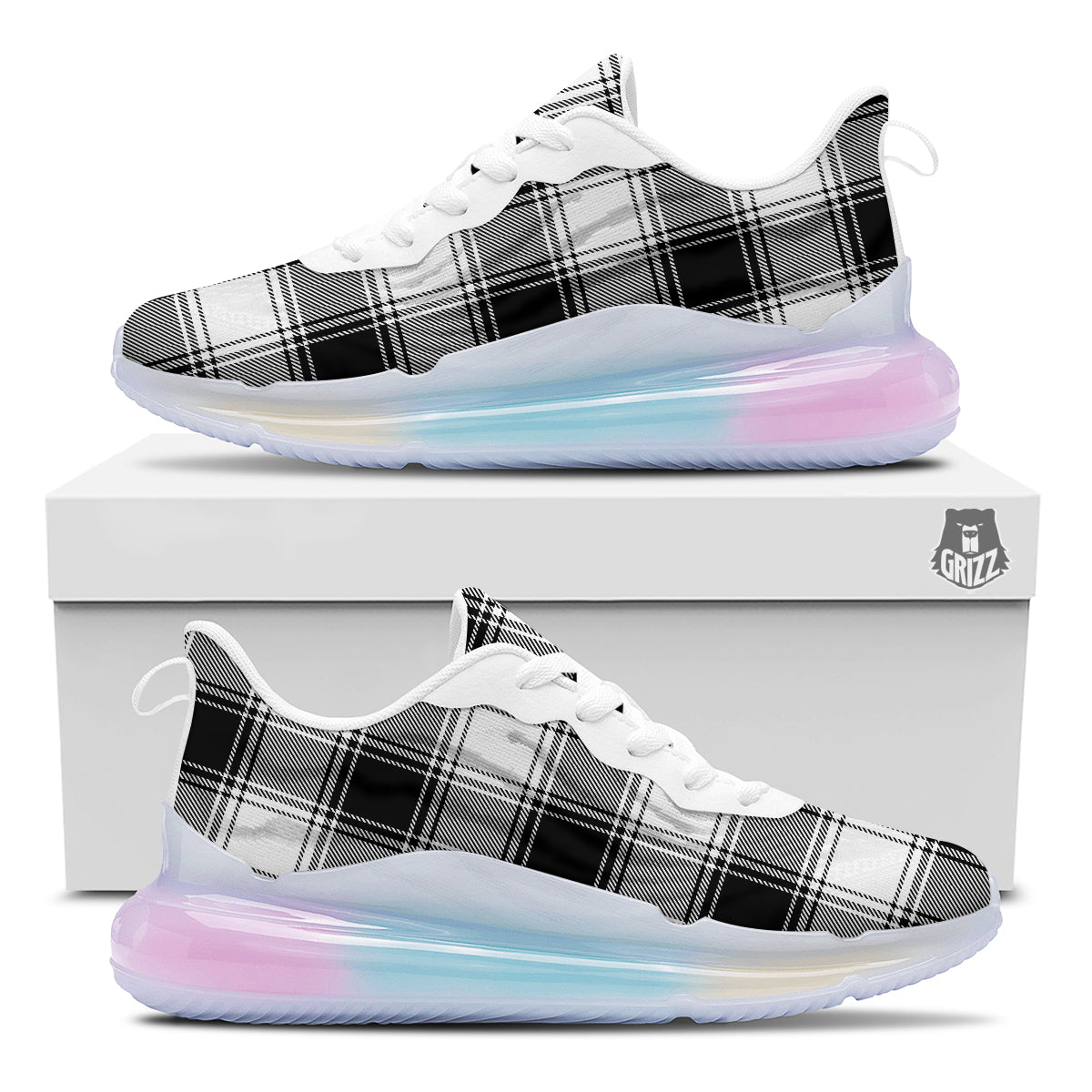 Border Tartan White And Black Print Pattern Running Sneakers-grizzshop