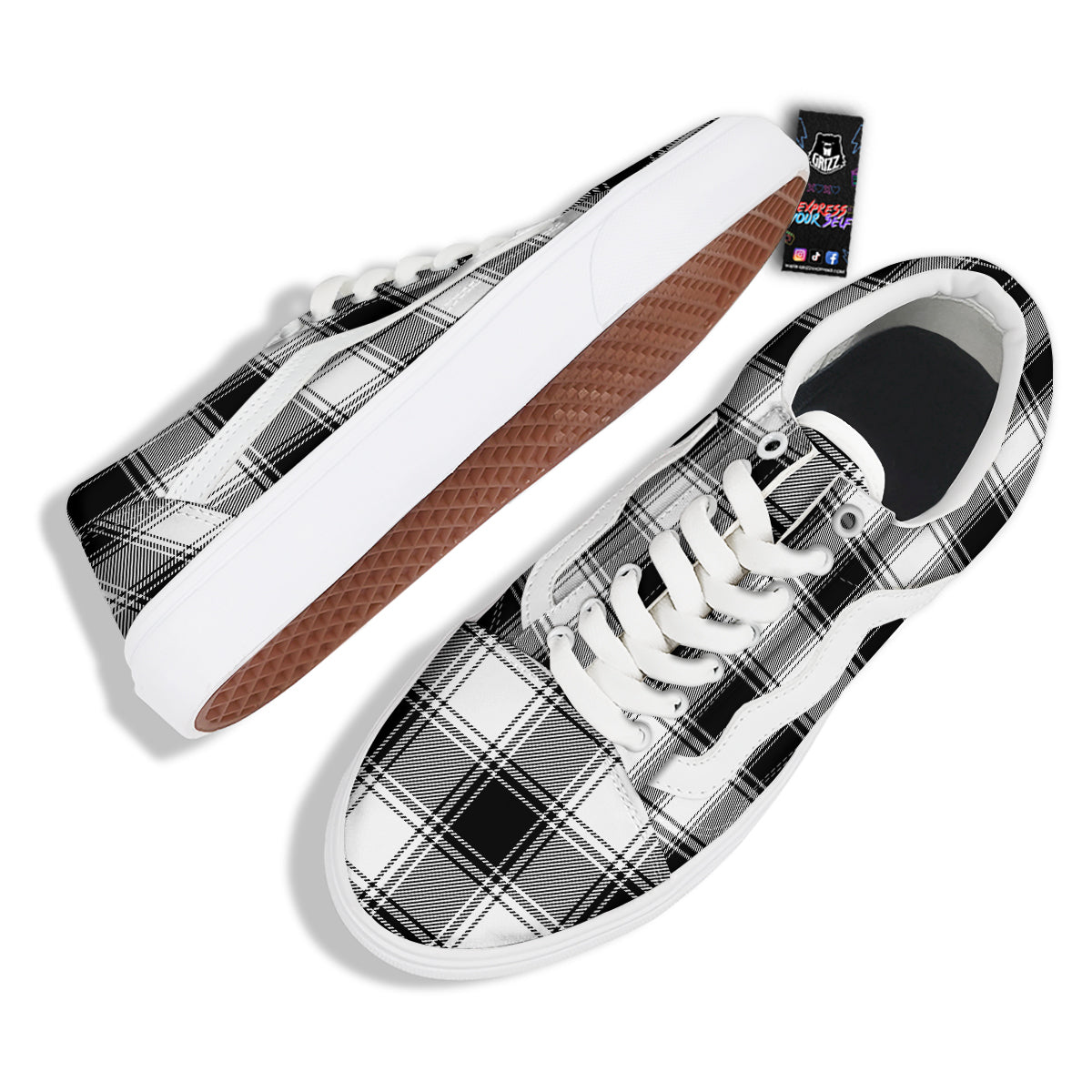 Border Tartan White And Black Print Pattern Skate Shoes-grizzshop