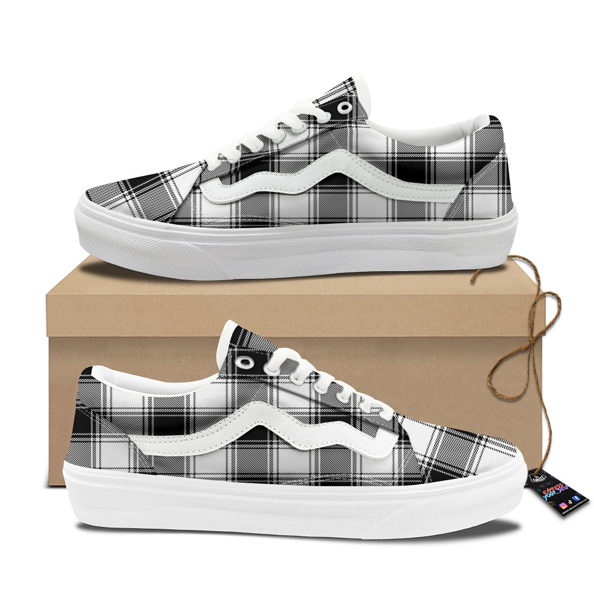 Border Tartan White And Black Print Pattern Skate Shoes-grizzshop