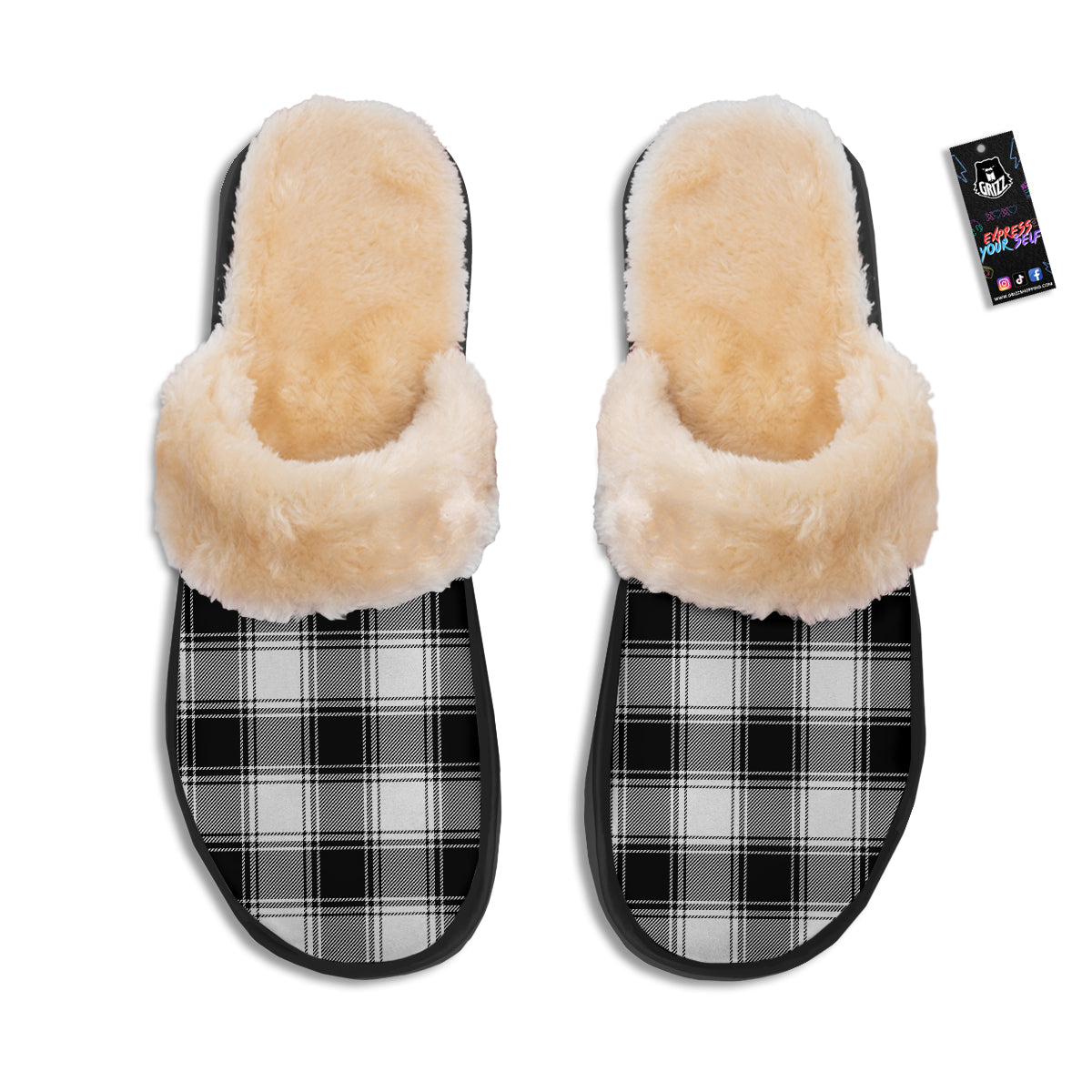 Border Tartan White And Black Print Pattern Slippers-grizzshop