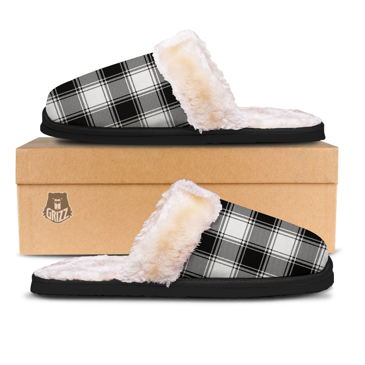 Border Tartan White And Black Print Pattern Slippers-grizzshop