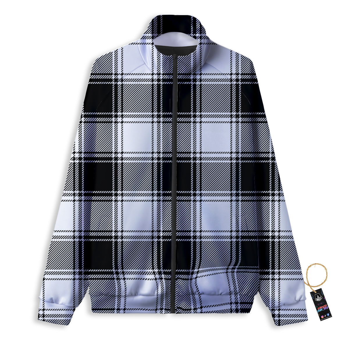Border Tartan White And Black Print Pattern Track Jacket-grizzshop