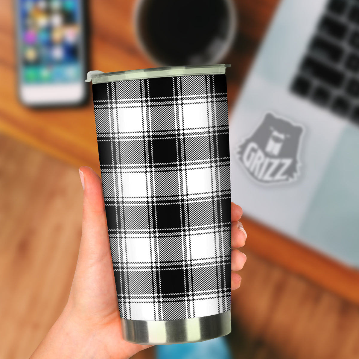 Border Tartan White And Black Print Pattern Tumbler-grizzshop
