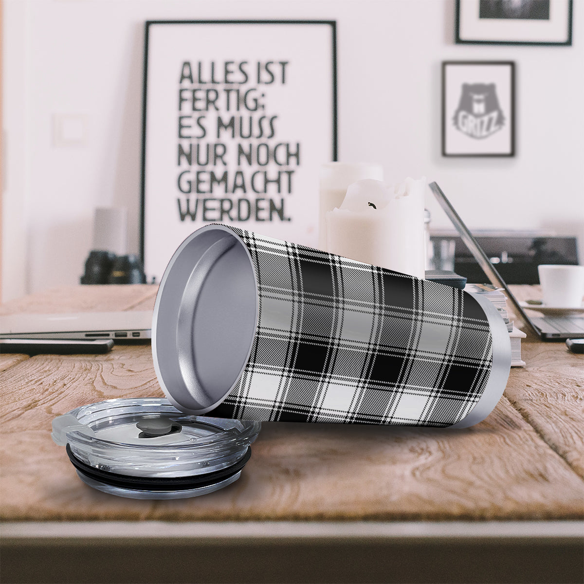 Border Tartan White And Black Print Pattern Tumbler-grizzshop