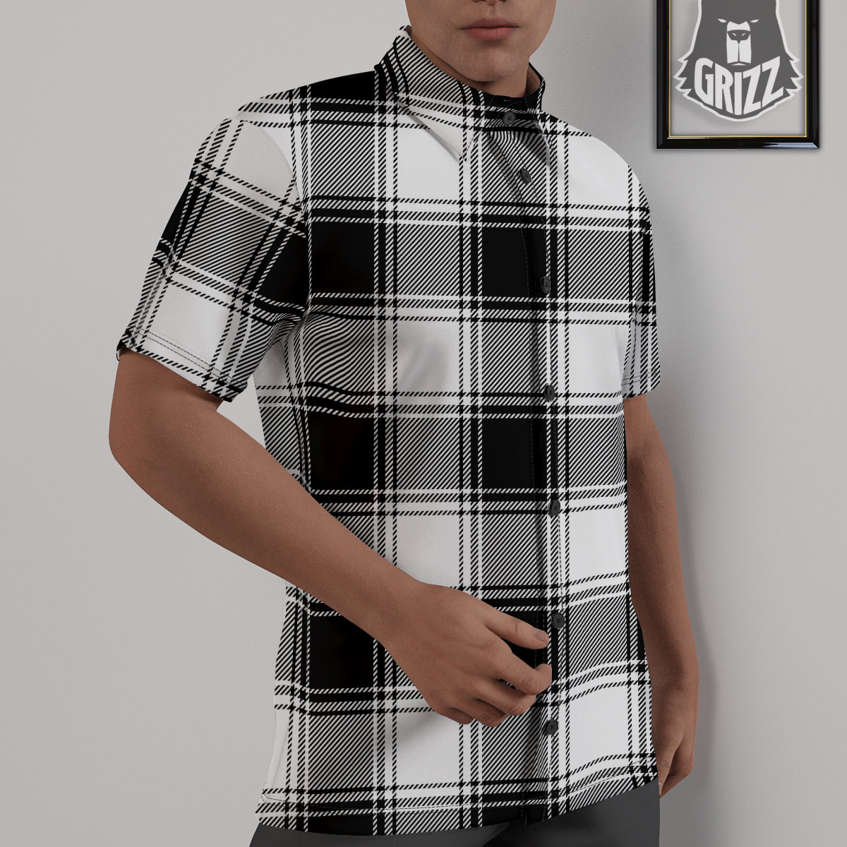 Border Tartan White And Black Print Pattern Untucked Shirts-grizzshop