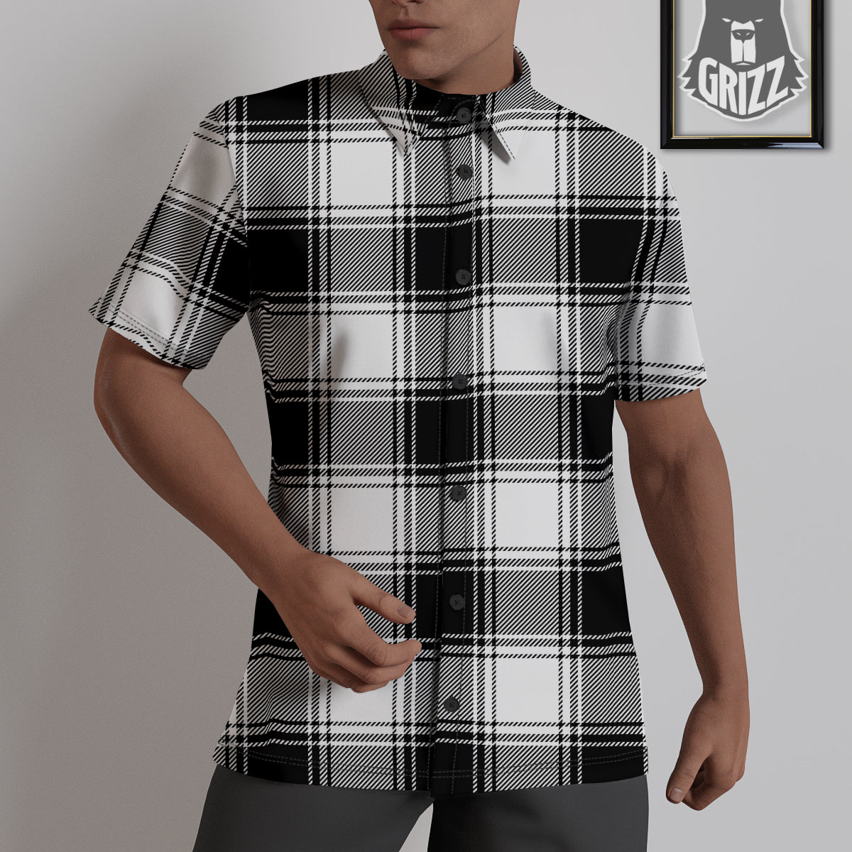 Border Tartan White And Black Print Pattern Untucked Shirts-grizzshop