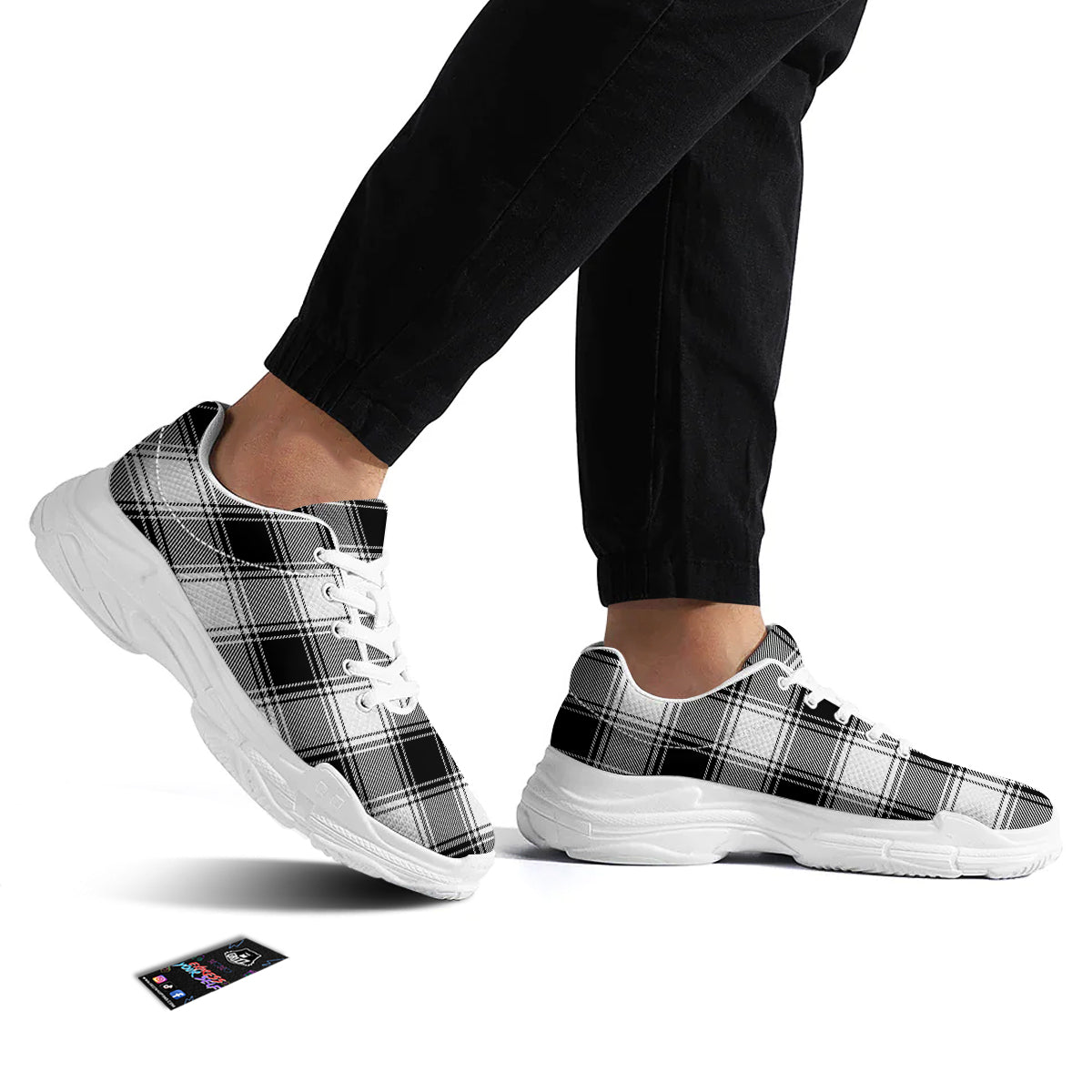 Border Tartan White And Black Print Pattern White Chunky Shoes-grizzshop
