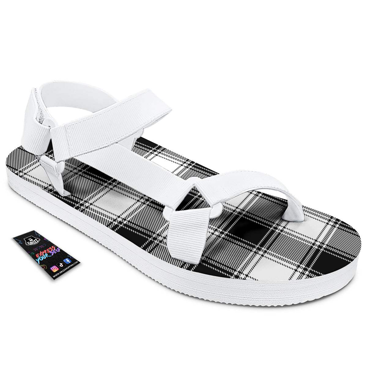 Border Tartan White And Black Print Pattern White Open Toe Sandals-grizzshop