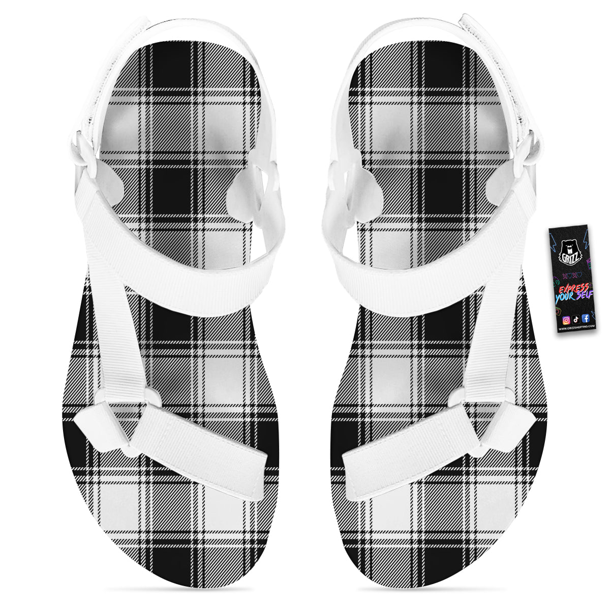 Border Tartan White And Black Print Pattern White Open Toe Sandals-grizzshop