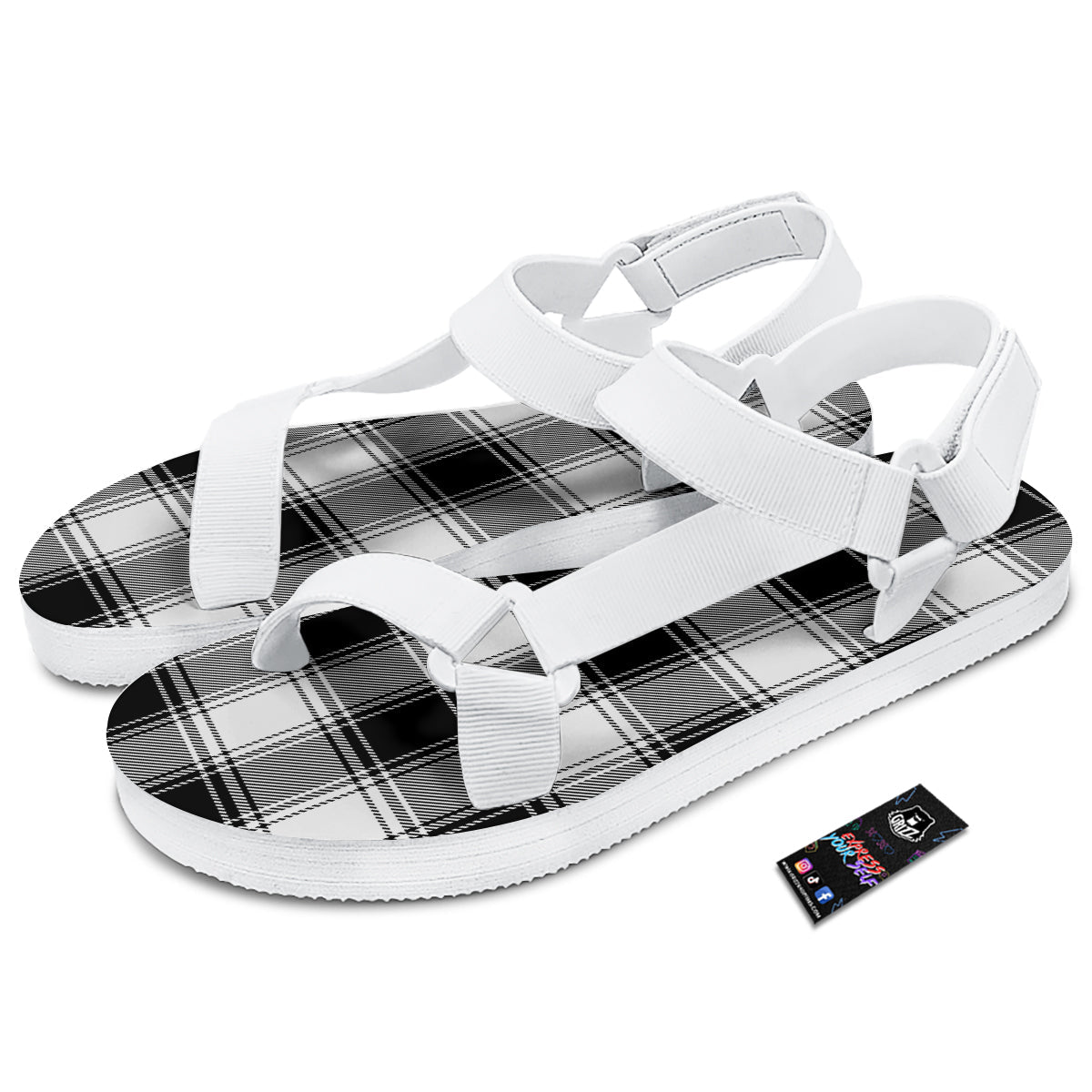 Border Tartan White And Black Print Pattern White Open Toe Sandals-grizzshop