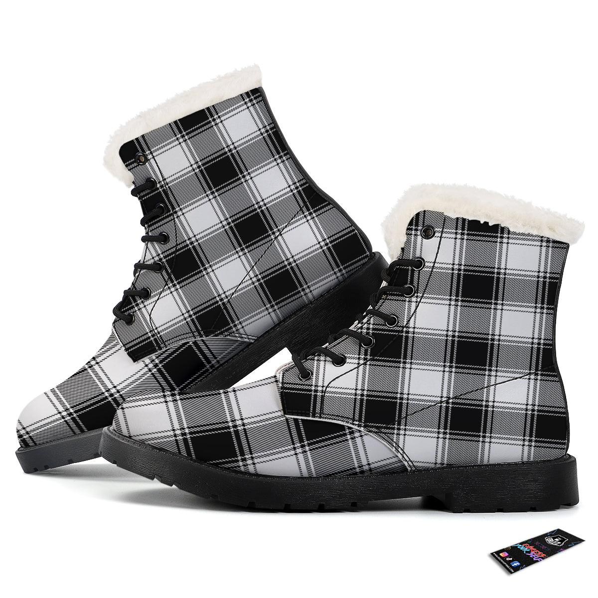 Border Tartan White And Black Print Pattern Winter Boots-grizzshop