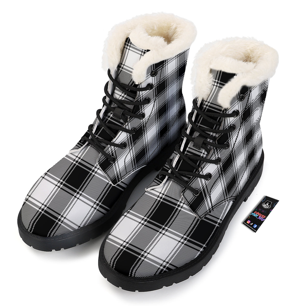 Border Tartan White And Black Print Pattern Winter Boots-grizzshop
