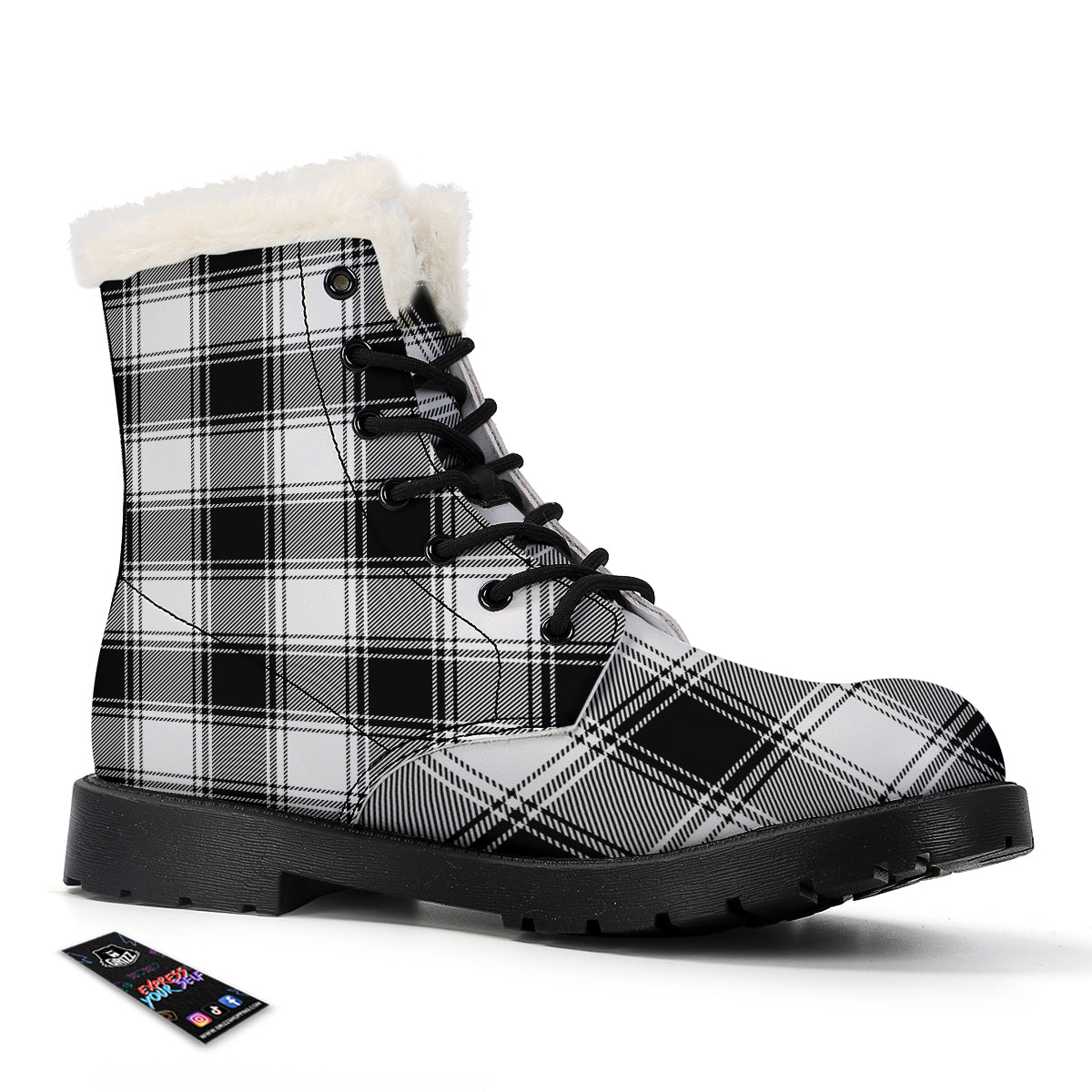 Border Tartan White And Black Print Pattern Winter Boots-grizzshop