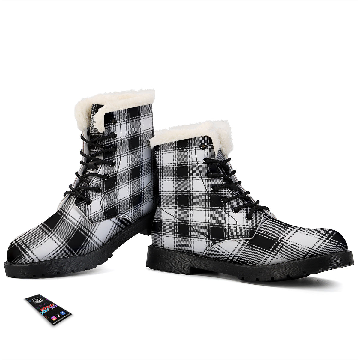 Border Tartan White And Black Print Pattern Winter Boots-grizzshop