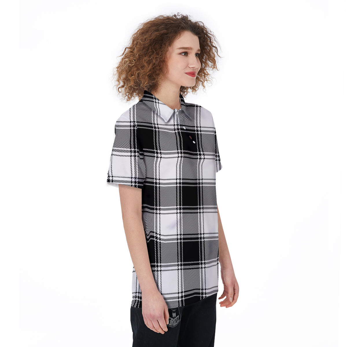 Border Tartan White And Black Print Pattern Women's Golf Shirts-grizzshop