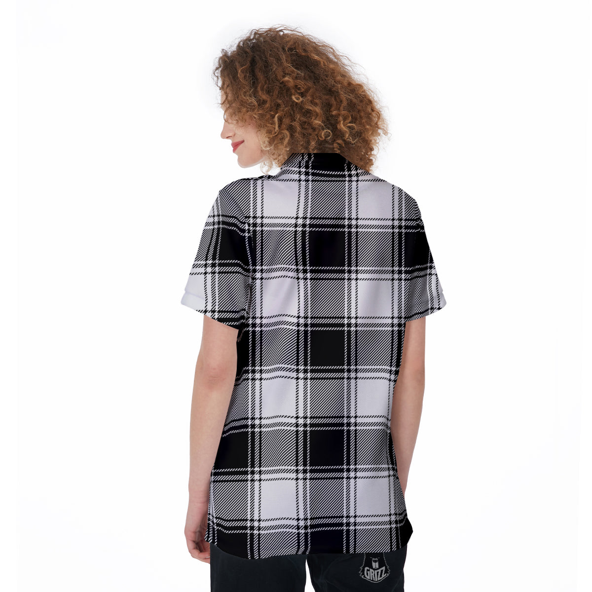 Border Tartan White And Black Print Pattern Women's Golf Shirts-grizzshop