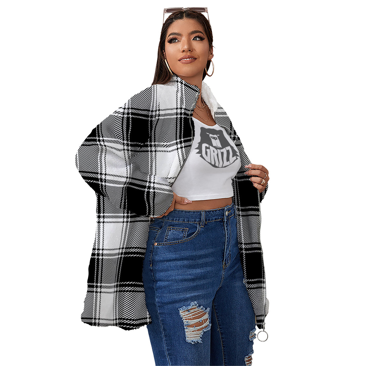 Border Tartan White And Black Print Pattern Women's Sherpa Jacket-grizzshop