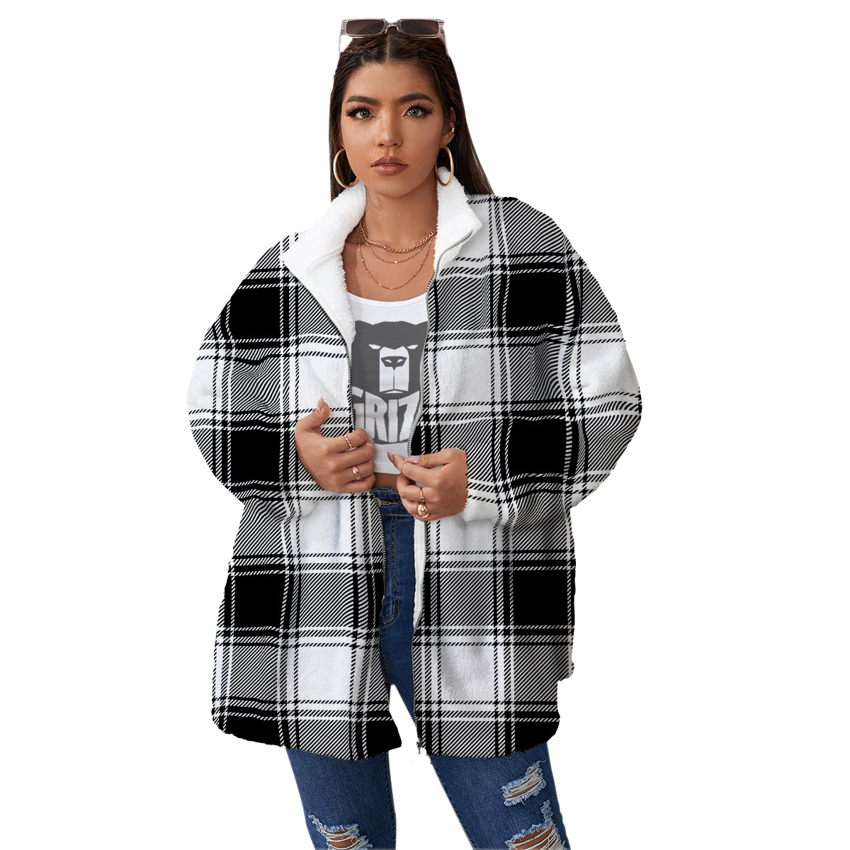 Border Tartan White And Black Print Pattern Women's Sherpa Jacket-grizzshop