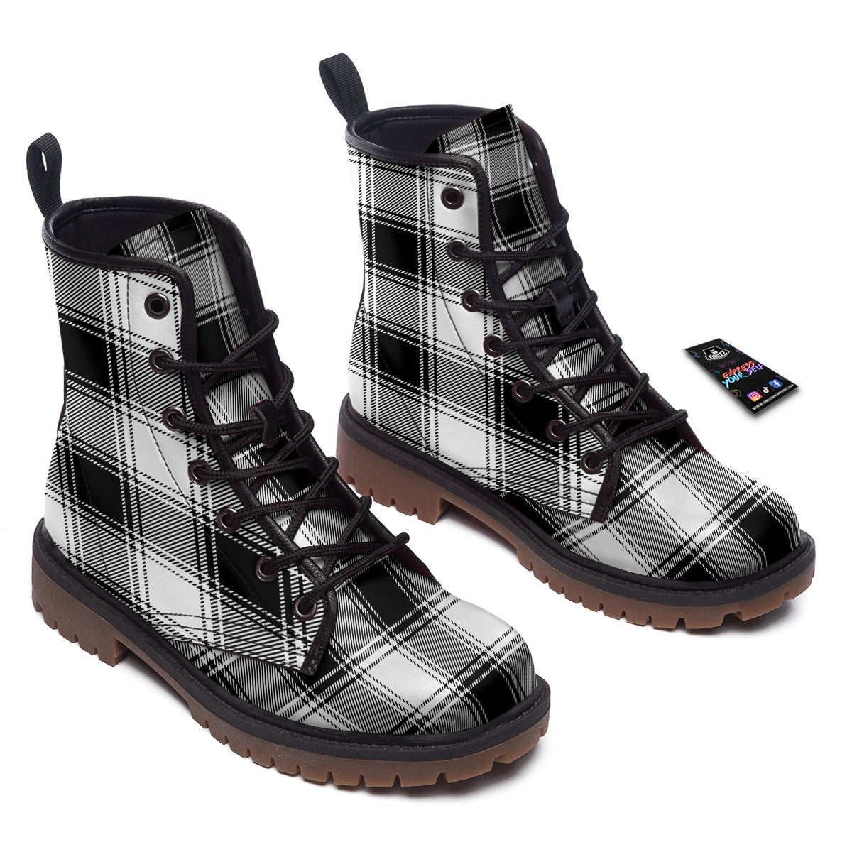 Border Tartan White And Black Print Pattern Work Boots-grizzshop