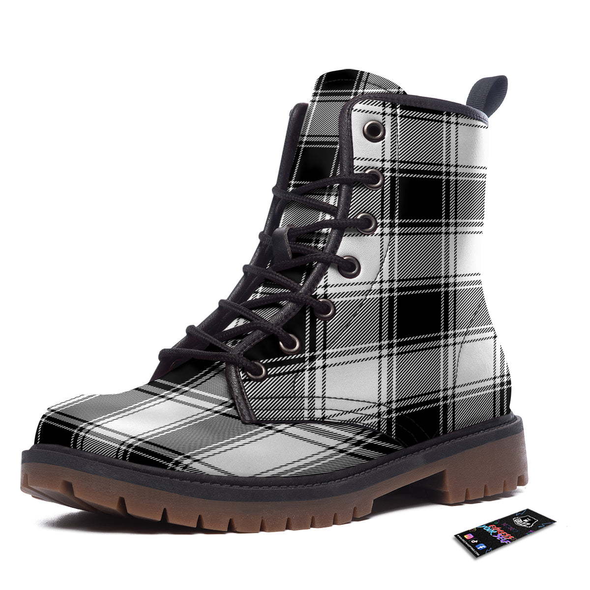 Border Tartan White And Black Print Pattern Work Boots-grizzshop