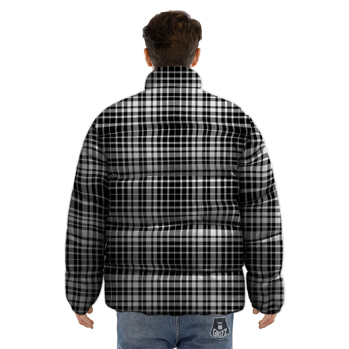 Border Tartan White And Black Print Puffer Jacket-grizzshop