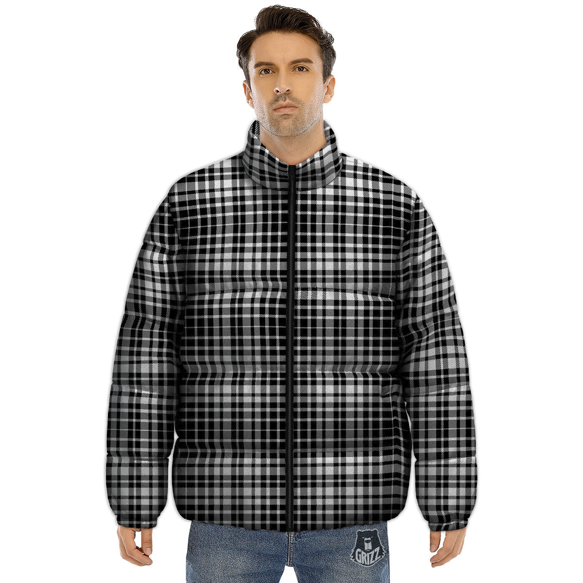 Border Tartan White And Black Print Puffer Jacket-grizzshop