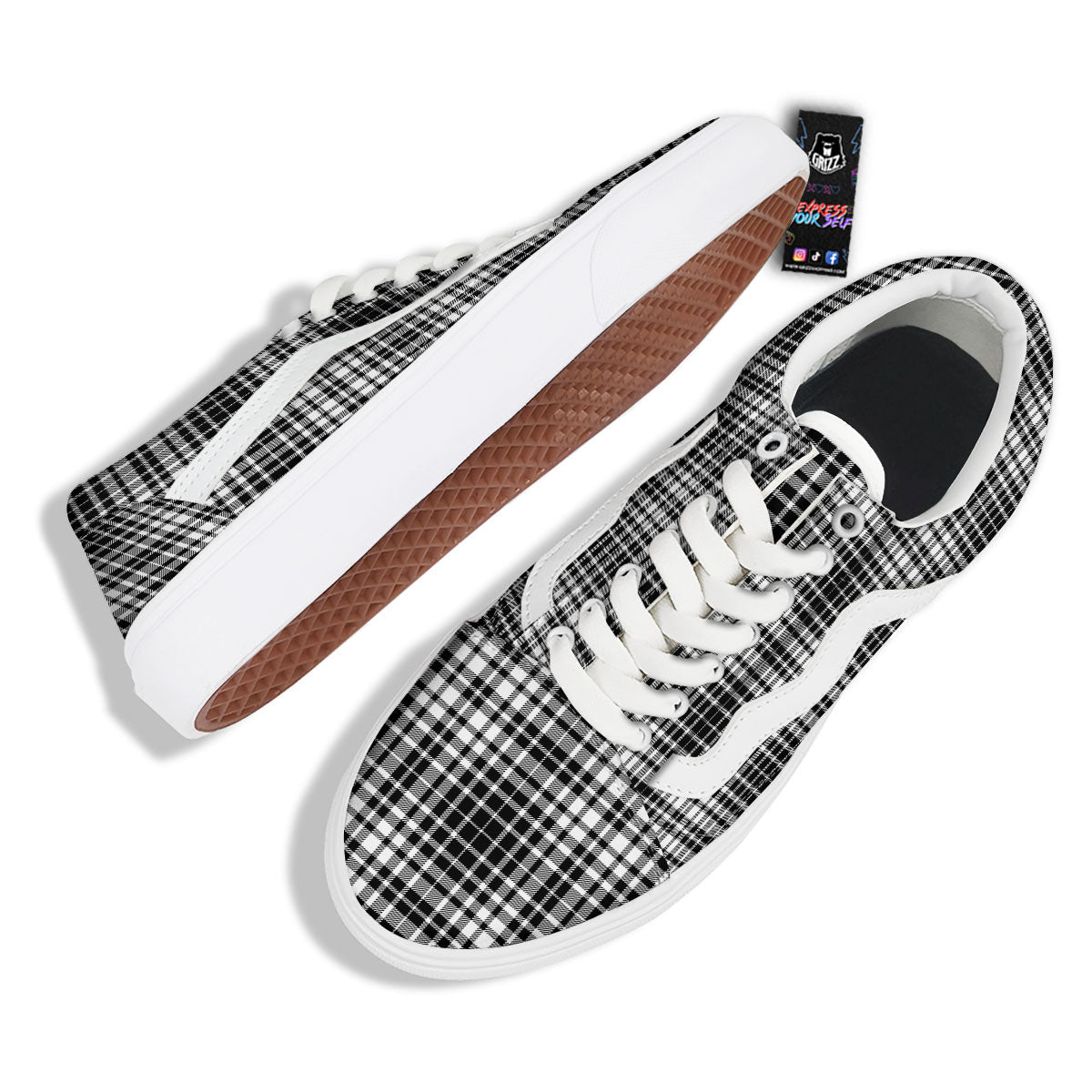 Border Tartan White And Black Print Skate Shoes-grizzshop