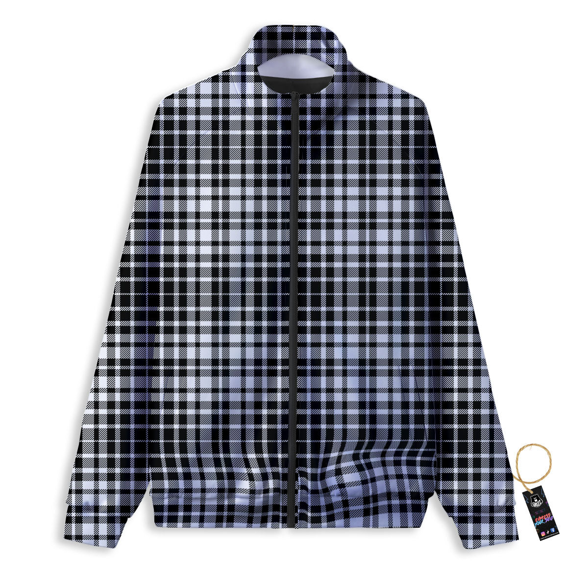 Border Tartan White And Black Print Track Jacket-grizzshop