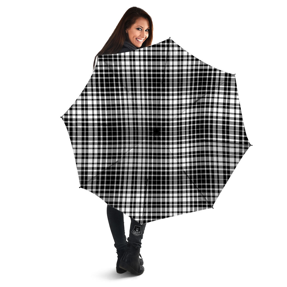 Border Tartan White And Black Print Umbrella-grizzshop