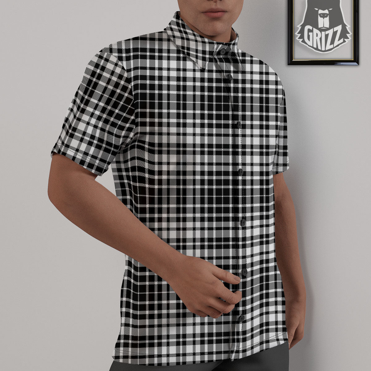 Border Tartan White And Black Print Untucked Shirts-grizzshop