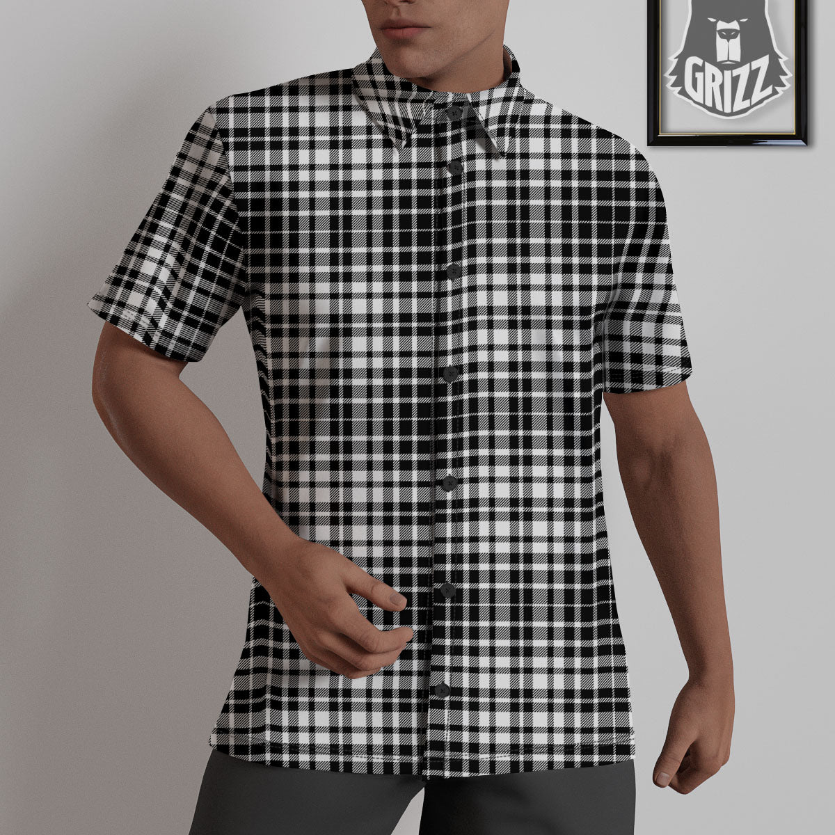 Border Tartan White And Black Print Untucked Shirts-grizzshop