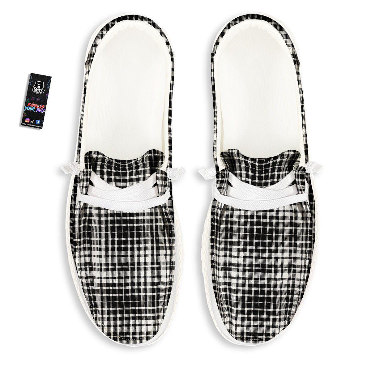 Border Tartan White And Black Print White Loafers-grizzshop