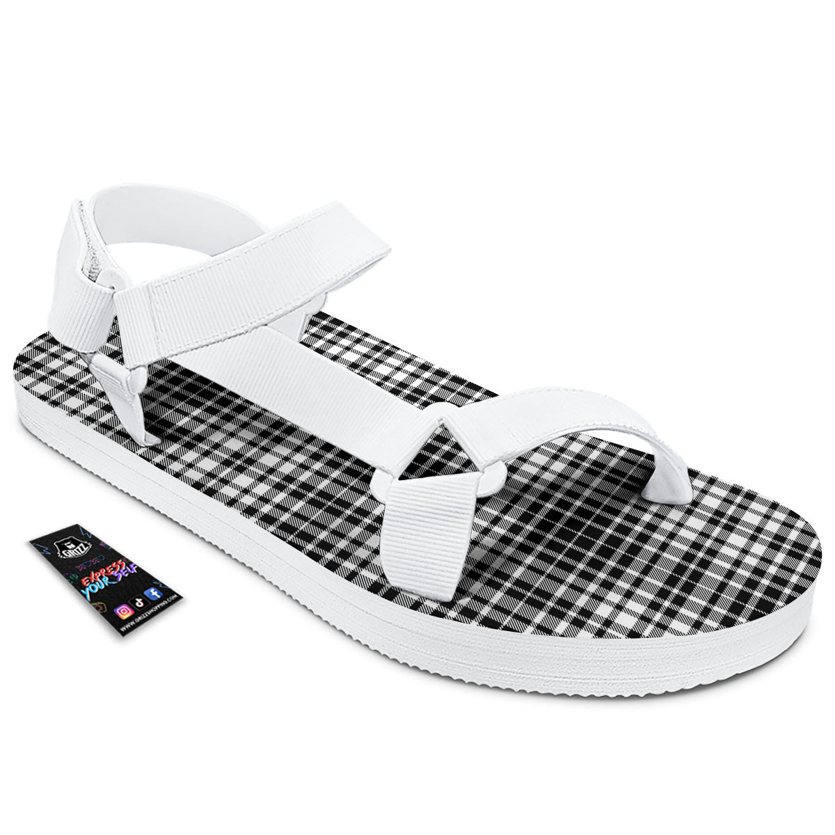Border Tartan White And Black Print White Open Toe Sandals-grizzshop