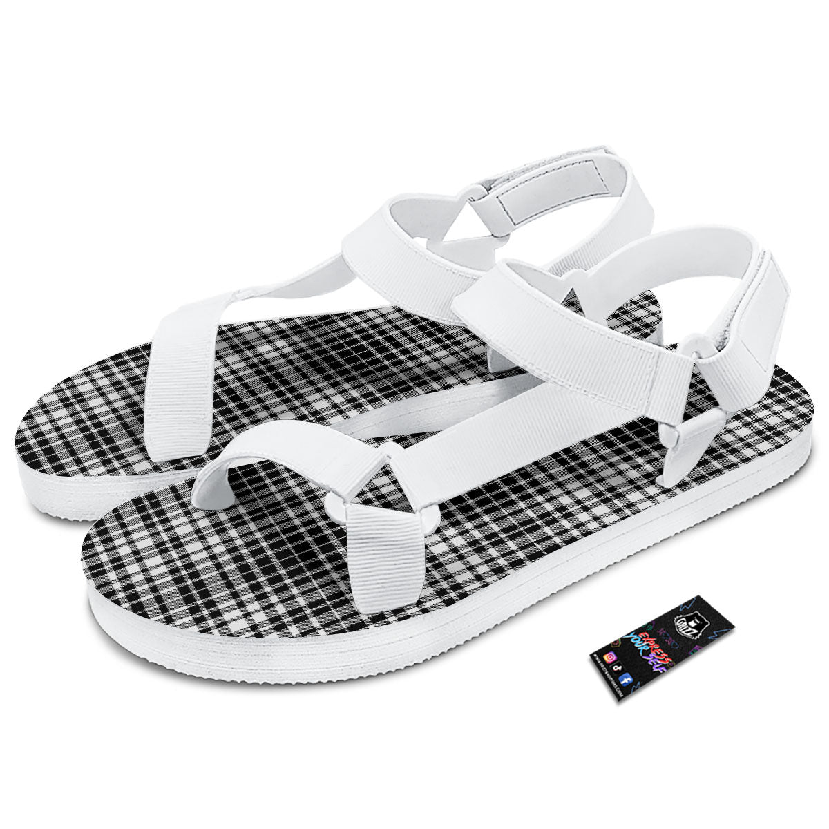 Border Tartan White And Black Print White Open Toe Sandals-grizzshop