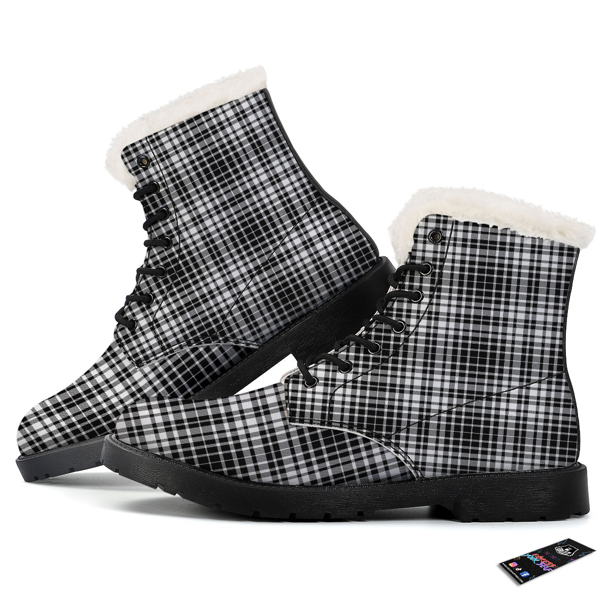 Border Tartan White And Black Print Winter Boots-grizzshop