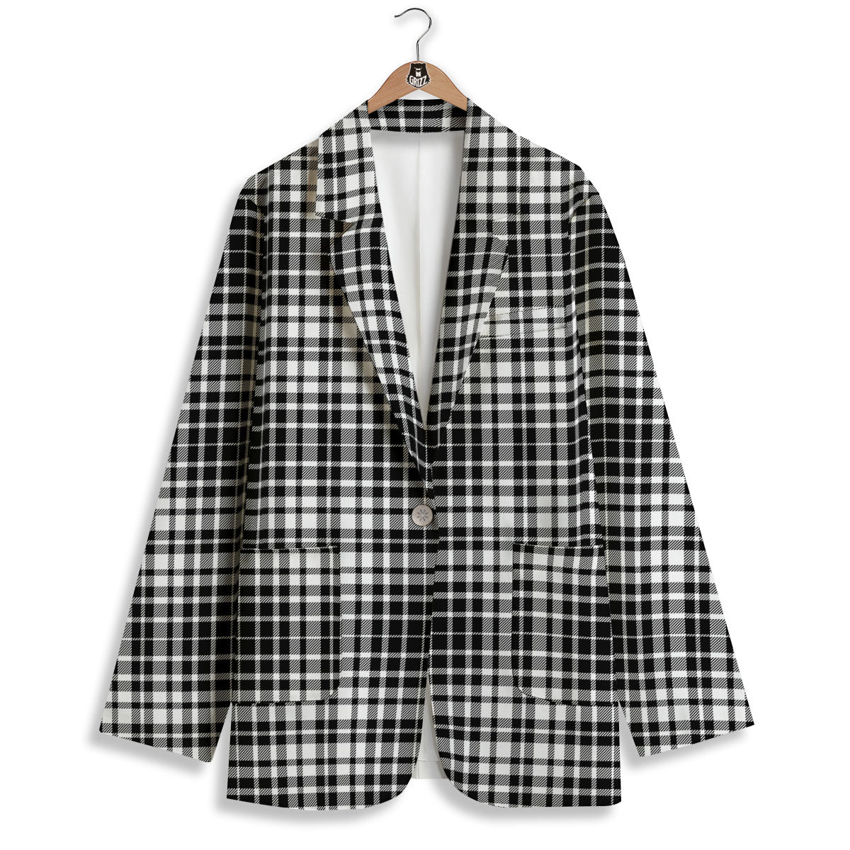 Border Tartan White And Black Print Women's Blazer-grizzshop