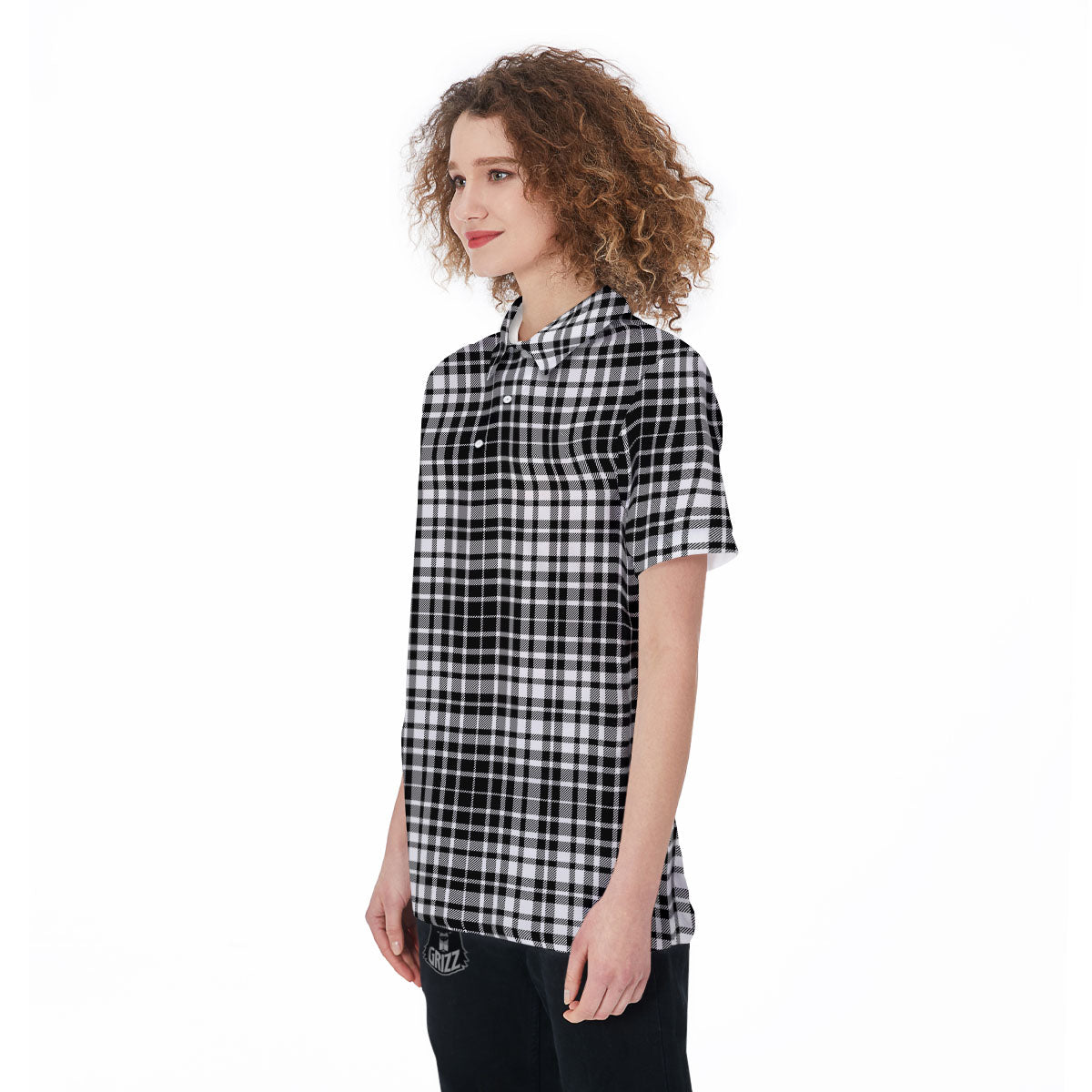 Border Tartan White And Black Print Women's Golf Shirts-grizzshop