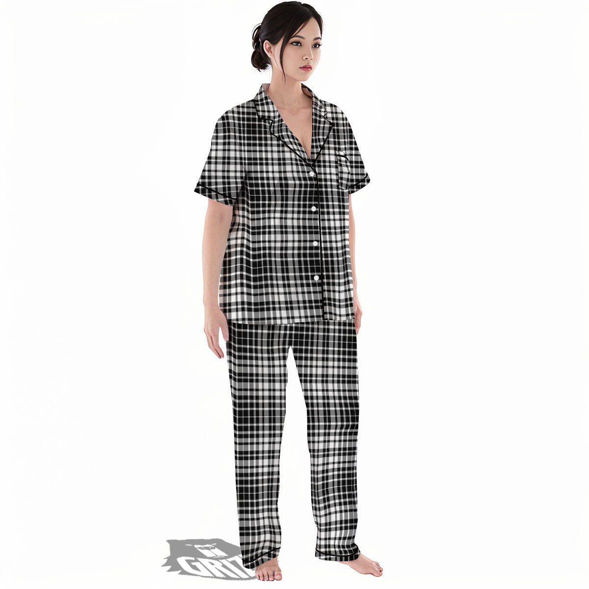 Border Tartan White And Black Print Women's Pajamas Set-grizzshop