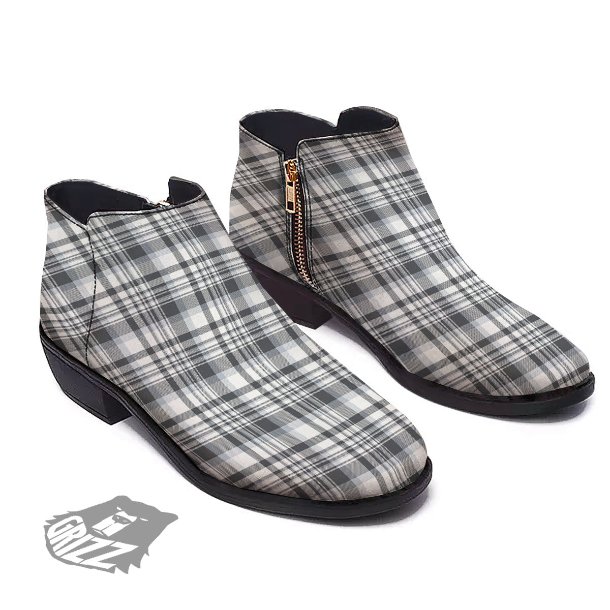 Border Tartan White And Grey Print Ankle Boots-grizzshop