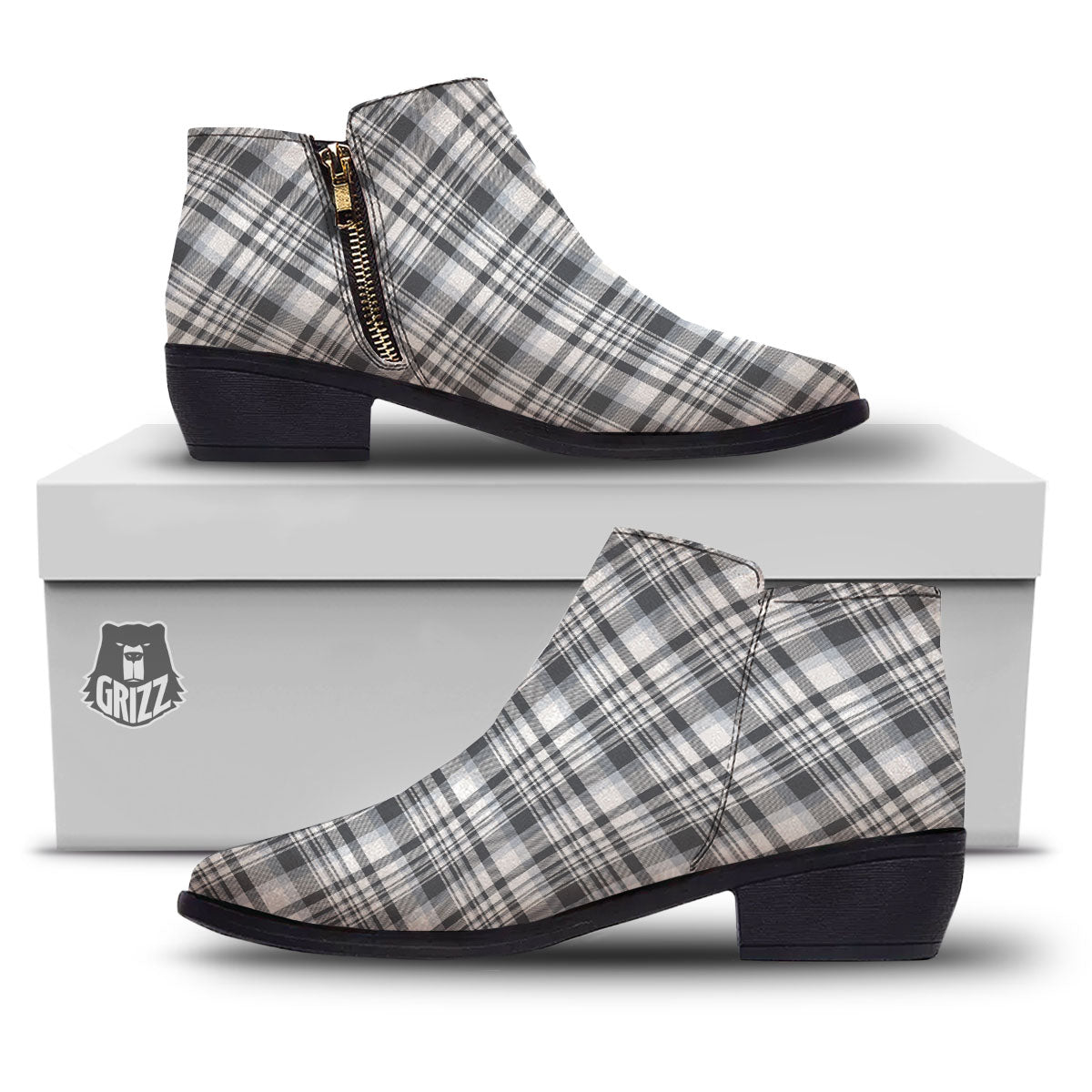 Border Tartan White And Grey Print Ankle Boots-grizzshop