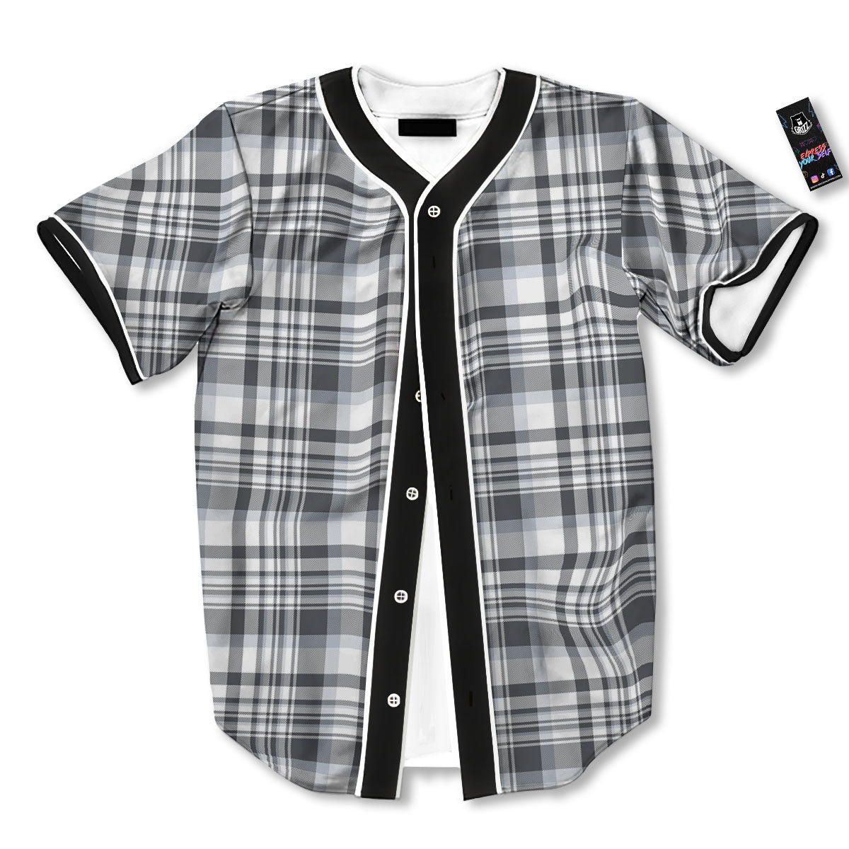 Border Tartan White And Grey Print Baseball Jersey-grizzshop
