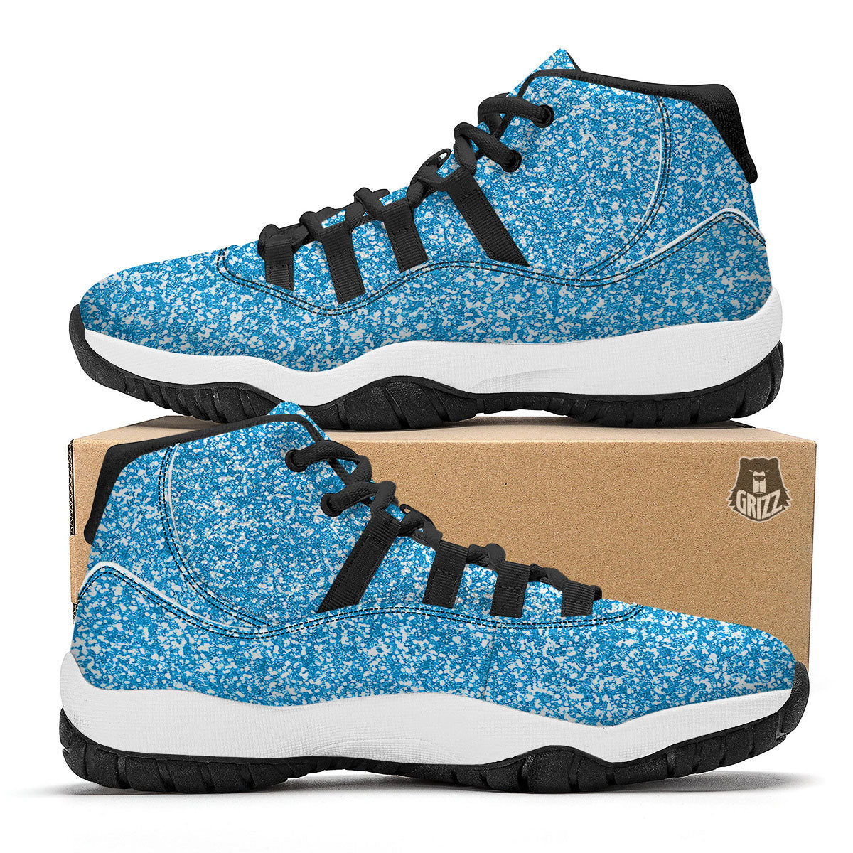 Border Tartan White And Grey Print Black Bball Shoes-grizzshop
